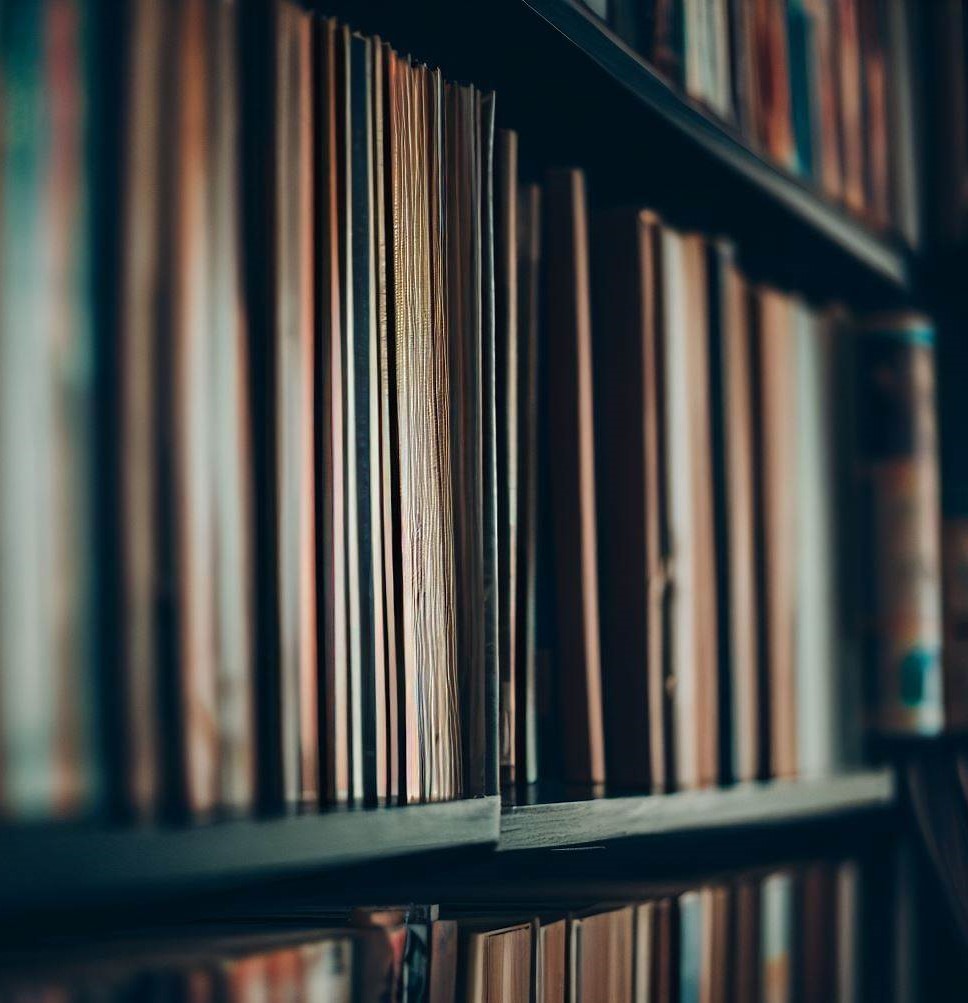 Records on a bookshelf